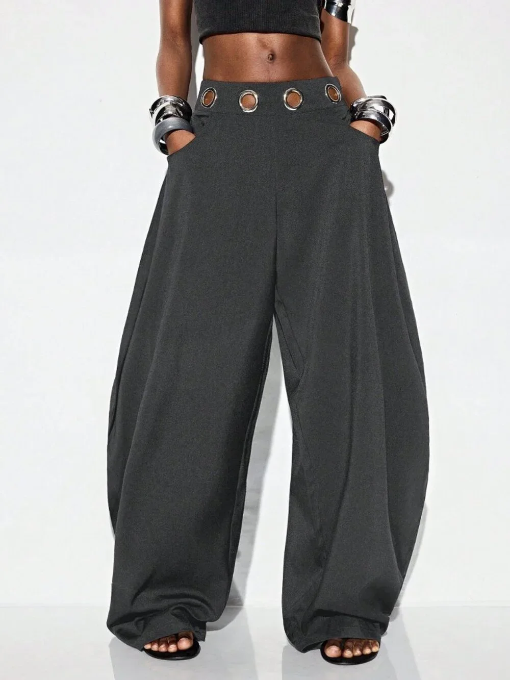 Grey Casual Women's Loose Lined Elastic Waist Extra Long Pocket Wide Leg Pants